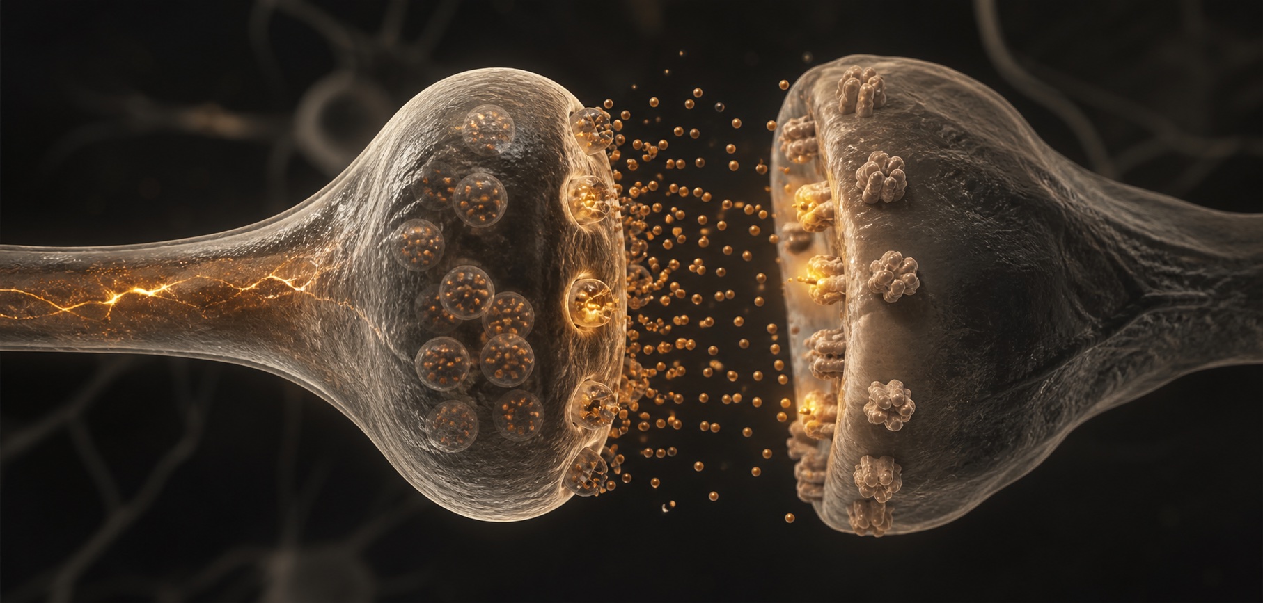 To nerveceller med en synapsespalte, hvor neurotransmittere bevæger sig mellem cellerne
